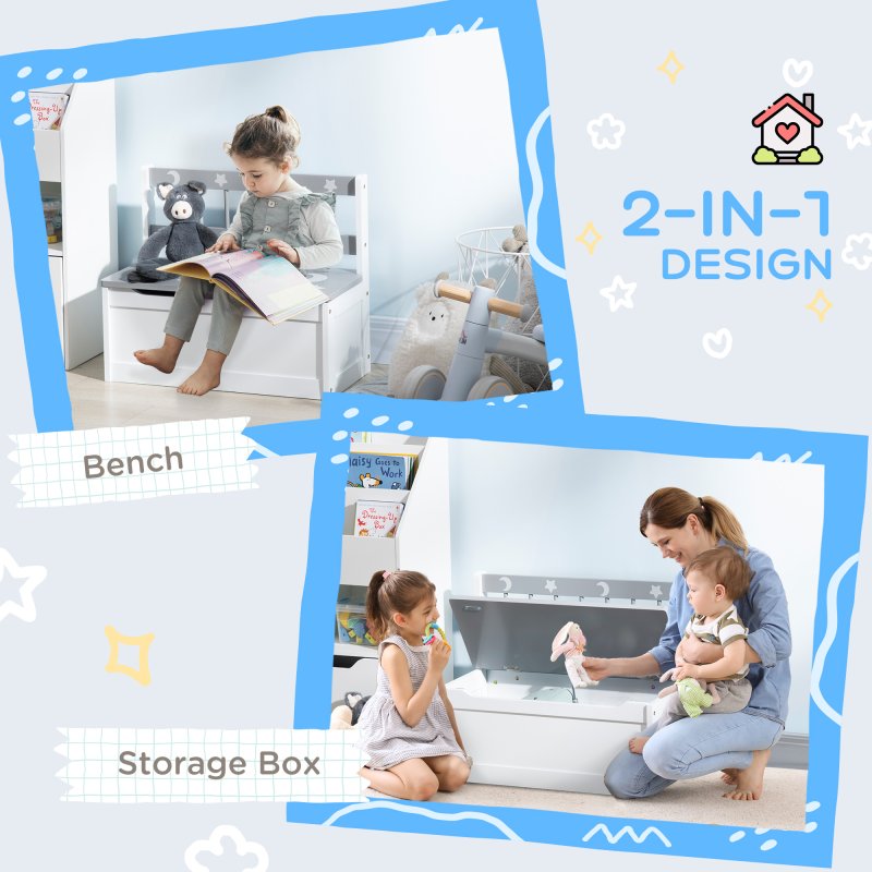 ZONEKIZ 2 In 1 Wooden Toy Box, Kids Storage Bench, Toy Chest with Safety Rod - Grey