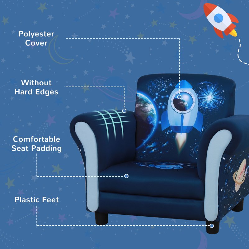 HOMCOM Kids Armchair Toddler Chair Space Rocket Wood Frame Thick Padding High Back Armrest Anti Slip Feet Blue for 3-5 Yrs