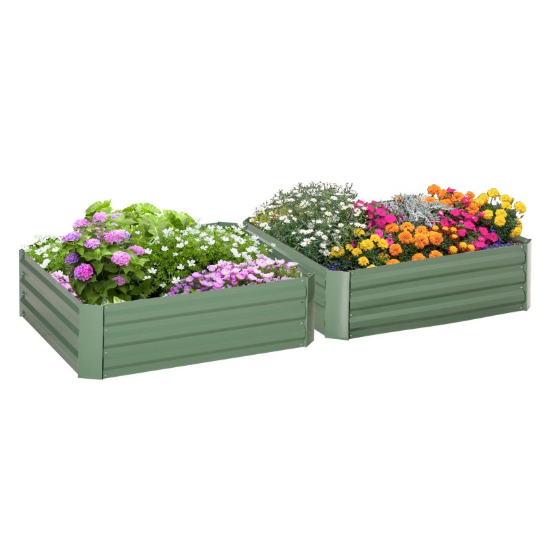 Outsunny Set of 2 291L Raised Garden Bed, Elevated Planter Box with Galvanised Steel Frame for Growing Flowers, Herbs, 100 x 100 x 30 cm, Green