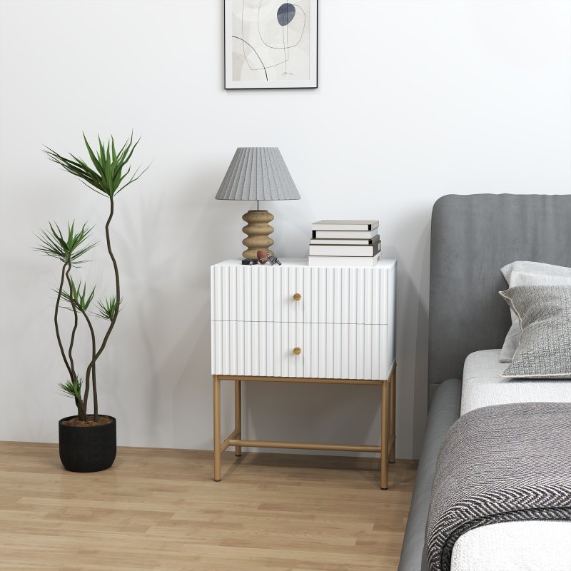 HOMCOM Bedside Table with 2 Drawers, Modern Bedside Cabinet with Storage and Metal Legs for Bedroom, Living Room, White