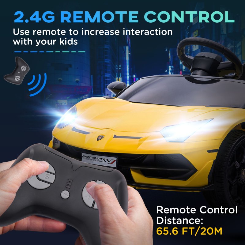 HOMCOM Lamborghini Aventador Licensed Kids' Electric Ride-on with Remote Control, 12V Powered Electric Car for Kids with Butterfly Doors, Auxiliary wheels, Music, Horn, Suspension - Yellow