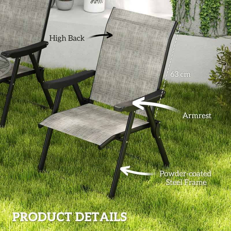 Outsunny Set of 4 Folding Chair, Garden Chair Set with Breathable Mesh Back and Seat, Outdoor Camping Chairs with Armrests, Steel Frame for Deck Balcony, Black and Grey