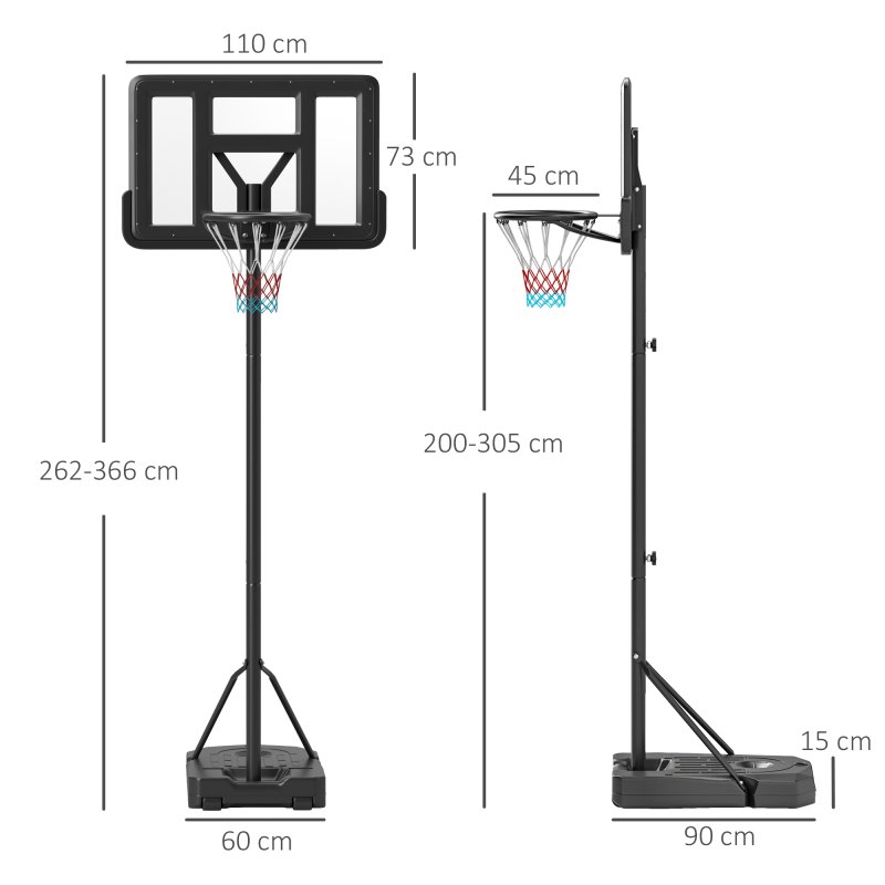 SPORTNOW Height Adjustable Basketball Hoop and Stand, Freestanding Basketball Stand, Net w/ Wheels, Enlarged Base, PE Backboard, 2-3.05m - Black