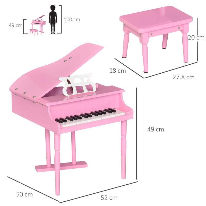 HOMCOM 30 Keys Kids Keyboard Piano Mini Piano Set Grand Piano with Music Stand and Bench Pink