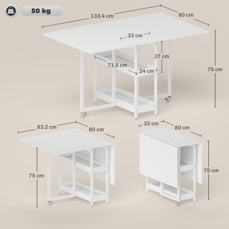 HOMCOM Industrial Folding Dining Table, Drop Leaf Table with Open Compartments for Small Spaces, Kitchen, Dining Room, White