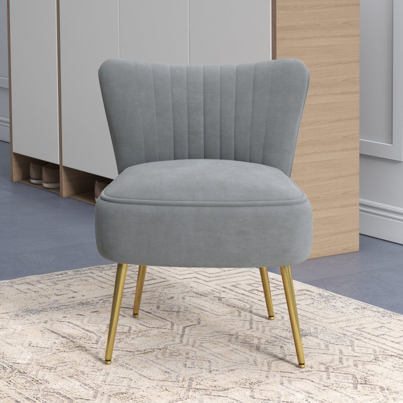 HOMCOM Armless Accent Chair, Upholstered Velvet Lounge Chair with Gold Tone Steel Legs for Bedroom, Living Room, Grey