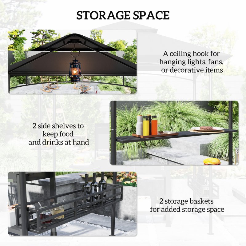 Outsunny 8' x 5' Grill Gazebo Canopy, Double Tiered Outdoor BBQ Gazebo Shelter with 2 Side Shelves, Storage Baskets, Hook for Garden, Patio, Barbecue, Picnic, Dark Grey