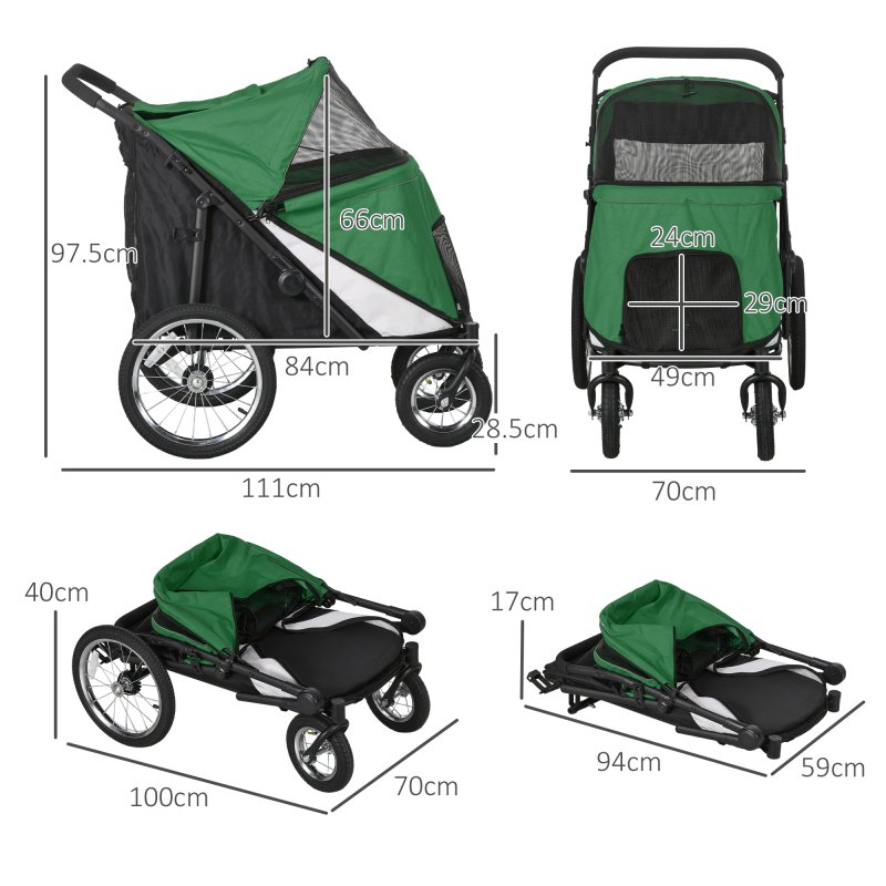 PawHut Large Dog Stroller Dog Pram Foldable Pet Pushchair with Safety Leashes for Medium, Large Dogs - Green
