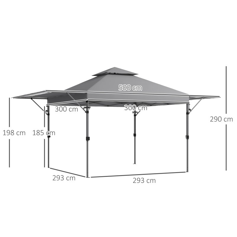 Outsunny 3 x 3(m) Pop Up Gazebo with Extend Dual Awnings, 1 Person Easy up Marquee Party Tent with 1-Button Push, Double Roof, Wheeled Bag, Sandbags, Height Adjustable Instant Shelter, Grey
