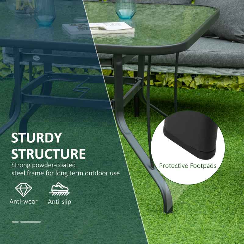 Outsunny 106.5cm Square Garden Table with Tempered Glass Top, Outdoor Patio Dining Table with Parasol Hole, Steel Frame for Garden, Lawn, Patio, Black