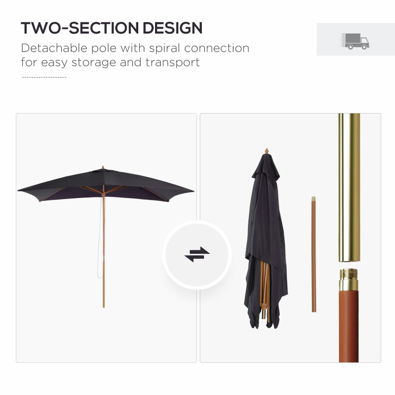 Outsunny 2 x 3m Wooden Garden Parasol Umbrella Outdoor Sun Shade Canopy, Table Market Umbrella with Vent, 38 mm Pole, Rope Pulley Mechanism, Black