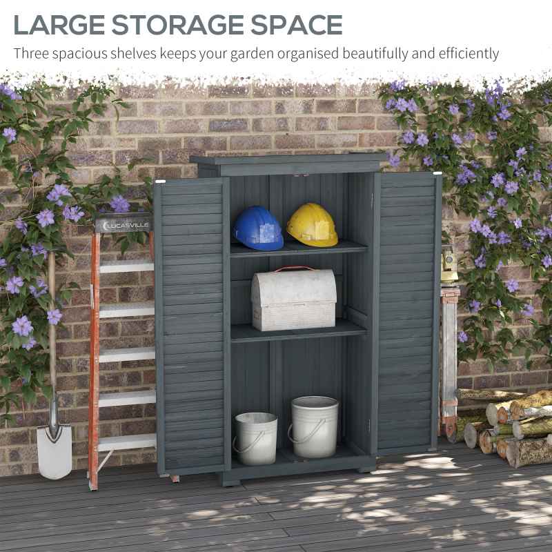 Outsunny Small Shed, Wooden Garden Storage Shed, 3 Shelves Outdoor Tool Shed Cabinet with Asphalt Roof and Shutter Doors, 87cm x 47cm x 160cm, Grey