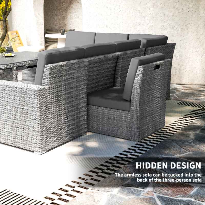 Outsunny 10 Seater Rattan Dining Set with Expandable Table and Nesting Chairs, Rattan Garden Furniture Set with Cushions, Outdoor Dining Table and Chairs, Sectional Corner Sofa Set, Light Grey