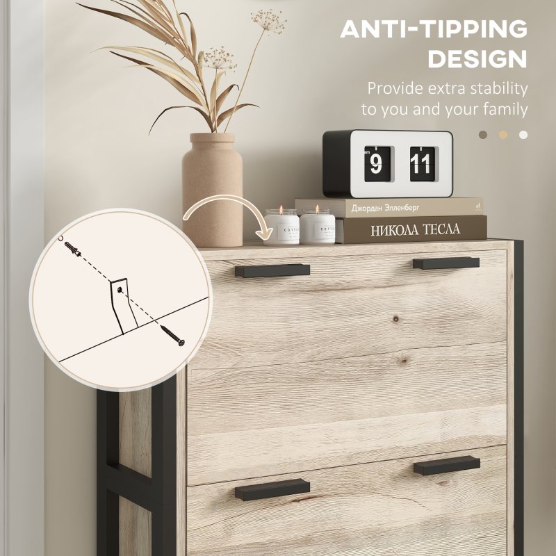 HOMCOM 3 Drawers Narrow Shoe Cabinet, 18 Pairs Shoe Storage Cupboard with 3 Flip Doors and Adjustable Shelves for Entryway, Hallway, Natural Wood-effect