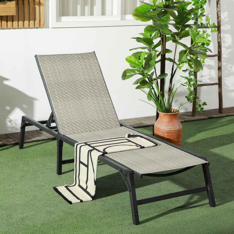 Outsunny Foldable Outdoor PE Rattan Sun Lounger, Patio Wicker Recliners Lounge Chair w/ 5-Level Adjustable Backrest, for Poolside, Garden, Mixed Grey
