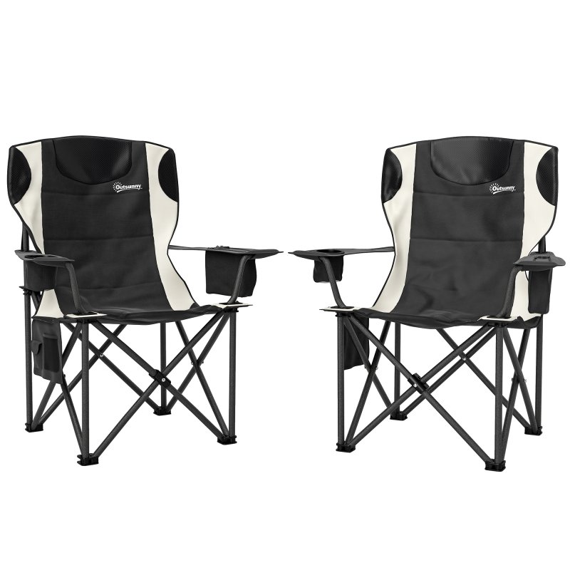 Outsunny Set of 2 Folding Camping Chairs, Padded Camping Chairs with Adjustable Armrests, Portable & Lightweight Folding Camp Chair with Cooler Bag, Cup Holder and Side Pockets, Black
