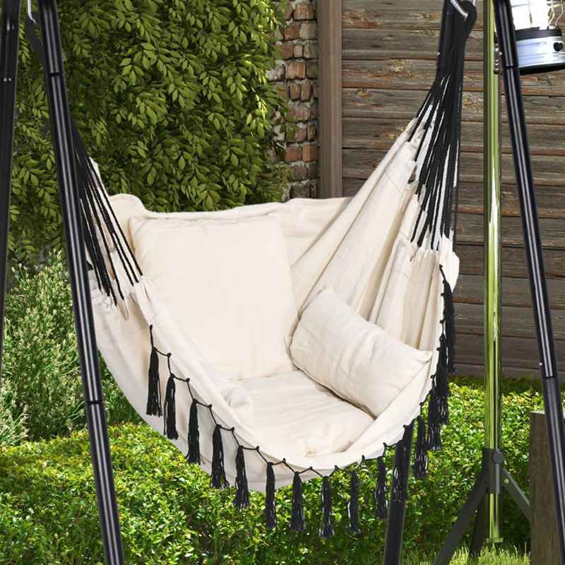 Outsunny Patio Hammock Chair with Stand, Outdoor Hammock Swing Hanging Rope Chair with Cushion, Armrest, Hooks, Cream White