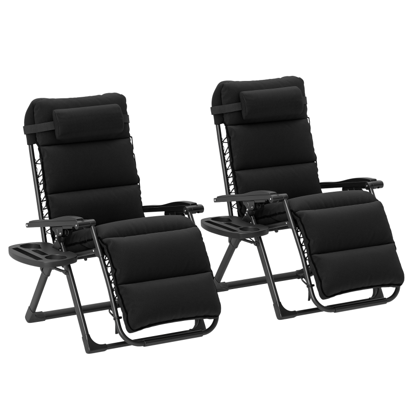 Outsunny Zero Gravity Chairs Set of 2, Folding Reclining Garden Chair, Outdoor Sun Lounger with Cushion, Garden Recliner Chairs with Headrest and Cup Phone Holder Tray for Beach, Black