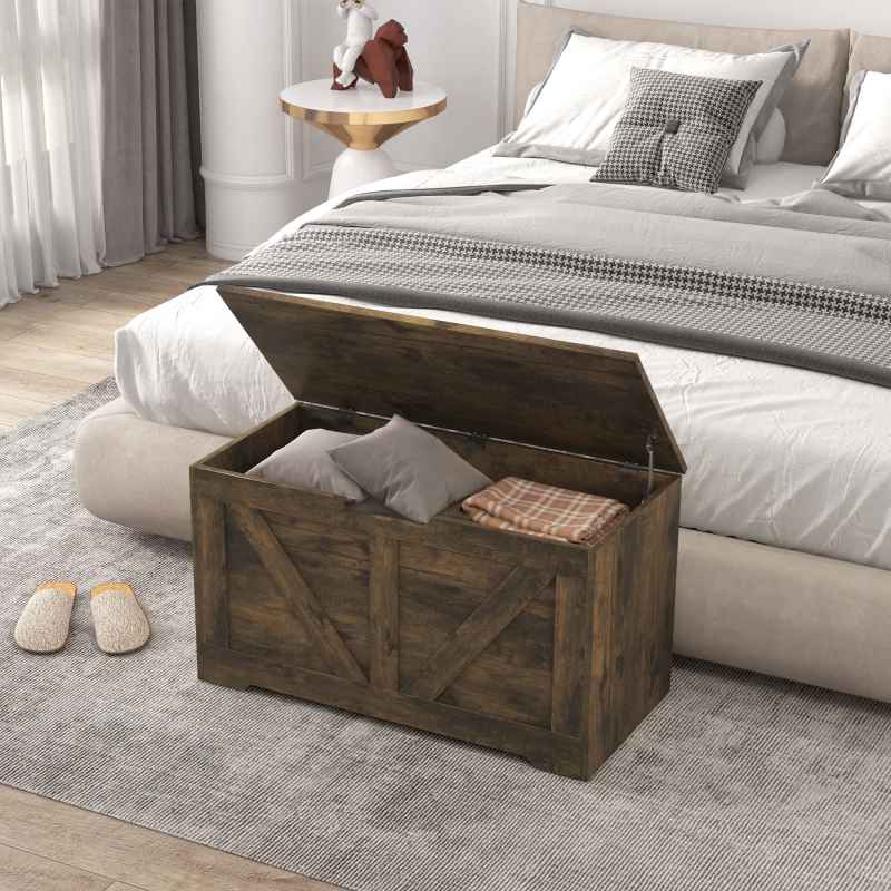 HOMCOM 100L Storage Chest, Storage Trunk with 2 Safety Hinges and U-shaped Cut-out Pull, Organiser Box for Living Room, Entryway, 80 x 40 x 45 cm, Rustic Brown