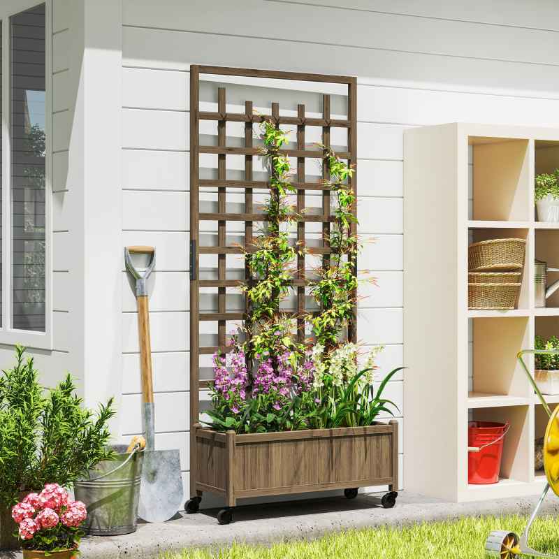 Outsunny Wooden Trellis Planter, Raised Beds for Garden with Wheels and Drainage Holes, Privacy Screen Planter Box to Grow Vegetables, Herbs and Flowers for Garden, Patio, Deck, Brown