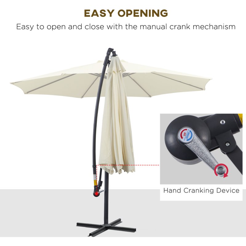 Outsunny 3(m) Garden Cantilever Parasol Patio Banana Hanging Umbrella Sun Shade with Crank and Tilt, 8 Ribs and Cross Base, Beige