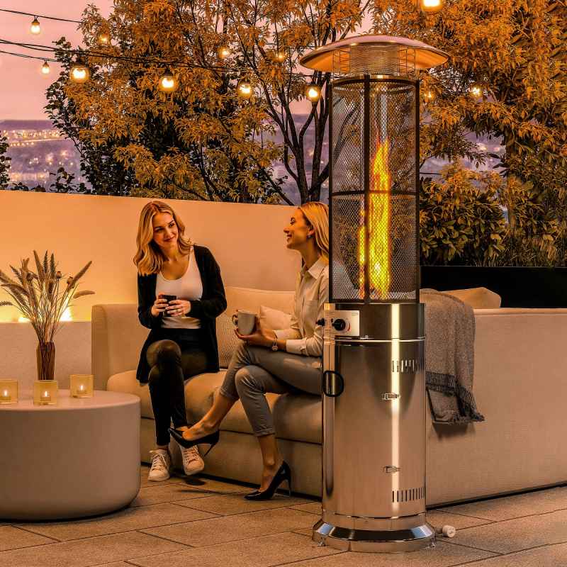 Outsunny 11 KW Freestanding Gas Patio Heater, Adjustable Outdoor Garden Propane Heater with Tip-Over Switch, Wheels, Pulse Ignition, Tank Room with Openable Door, Silver Tone