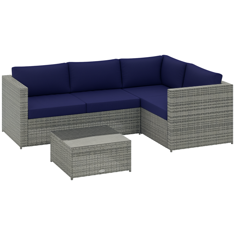 Outsunny 3 Pieces PE Rattan Garden Furniture Set with 10 cm Thick Cushions, 4 Seater Garden Corner Sofa Set with Glass Top Coffee Table, Outdoor Furniture for Patio, Porch, Blue