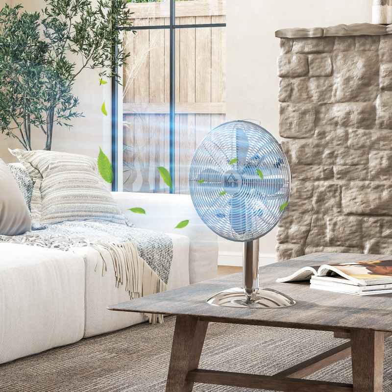 HOMCOM 12" Metal Desk Fan with 3 Speed Settings, Wide-Angled Oscillation, Adjustable Tilt, Portable Table Fan for Bedroom or Home Office, Silver Tone
