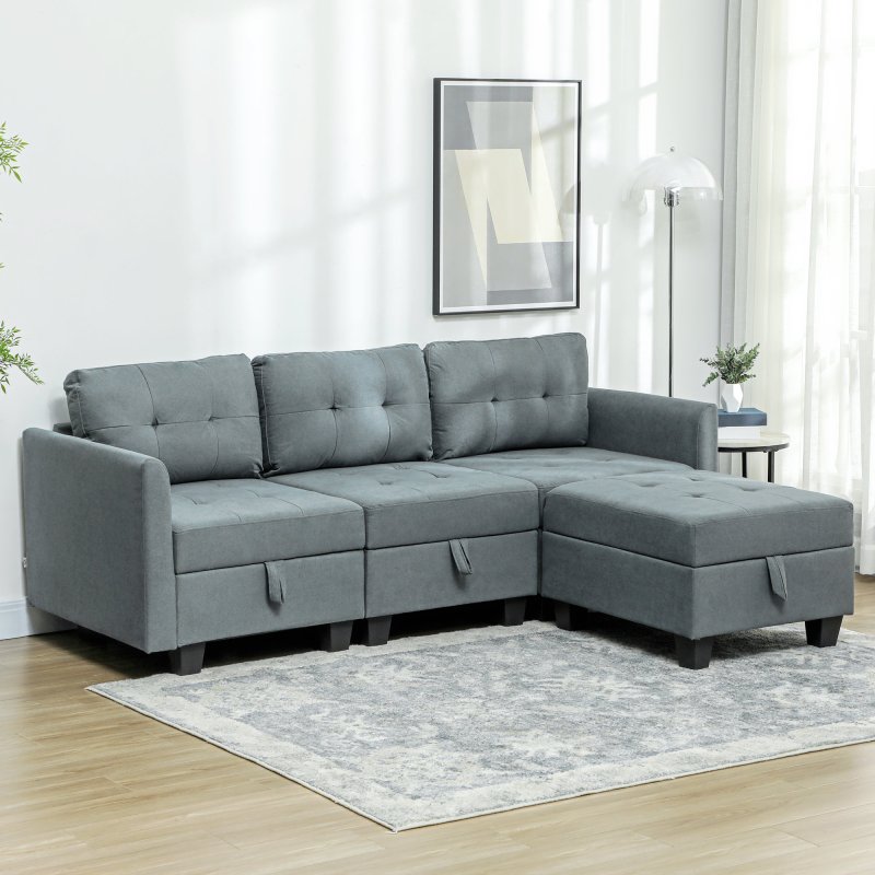 HOMCOM Convertible Modular Sectional Sofa with Storage, Tufted 3 Seater Sofa Set, L Shaped Couch with Ottoman, Wood Frame for Living Room
