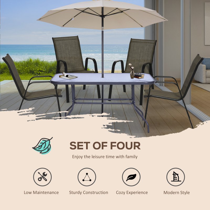 Outsunny 4 Pieces Garden Chairs, Stackable Outdoor Chairs with High Backrest and Armrest, Breathable Mesh Fabric Dining Chair Set of 4, Mixed Brown