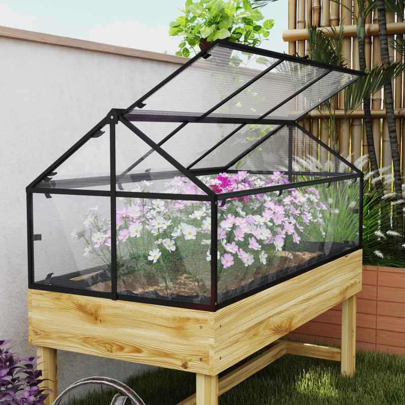 Outsunny Raised Garden Bed with Cold Frame Greenhouse, Elevated Wood Planter Box with Polycarbonate Panel and Top Vent for Vegetables, Flowers, Herbs, 120 x 60 x 103cm, Natural