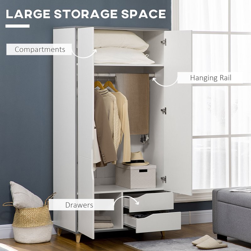 HOMCOM 2 Door Wardrobe with 2 Drawers, Storage Cupboard with Clothes Hanging Rail, Shelves and Anti-tipping Design, Modern Bedroom Furniture, White