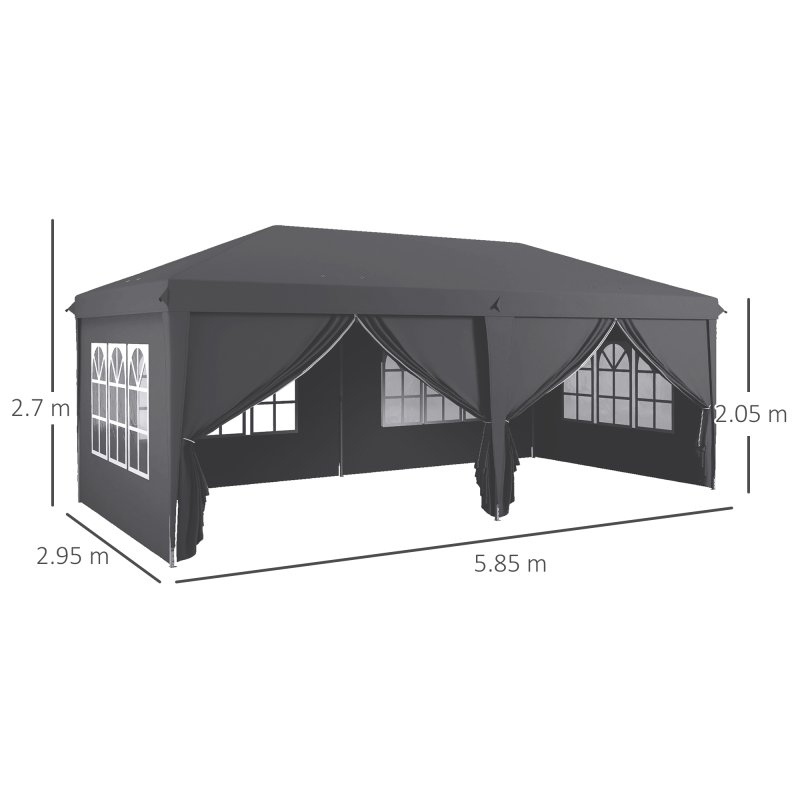 Outsunny 3 x 6 m Pop Up Gazebo with Sides and Windows, Height Adjustable Wedding Camping Party Tent Canopy Marquee with Storage Bag for Garden, Event, Grey