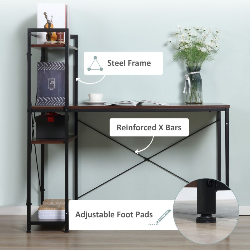 HOMCOM Computer Desk with Storage Shelves on Left or Right, Industrial Reversible Writing Desk for Home Office, Study, Easy Assembly, 120 x 64 x 121cm