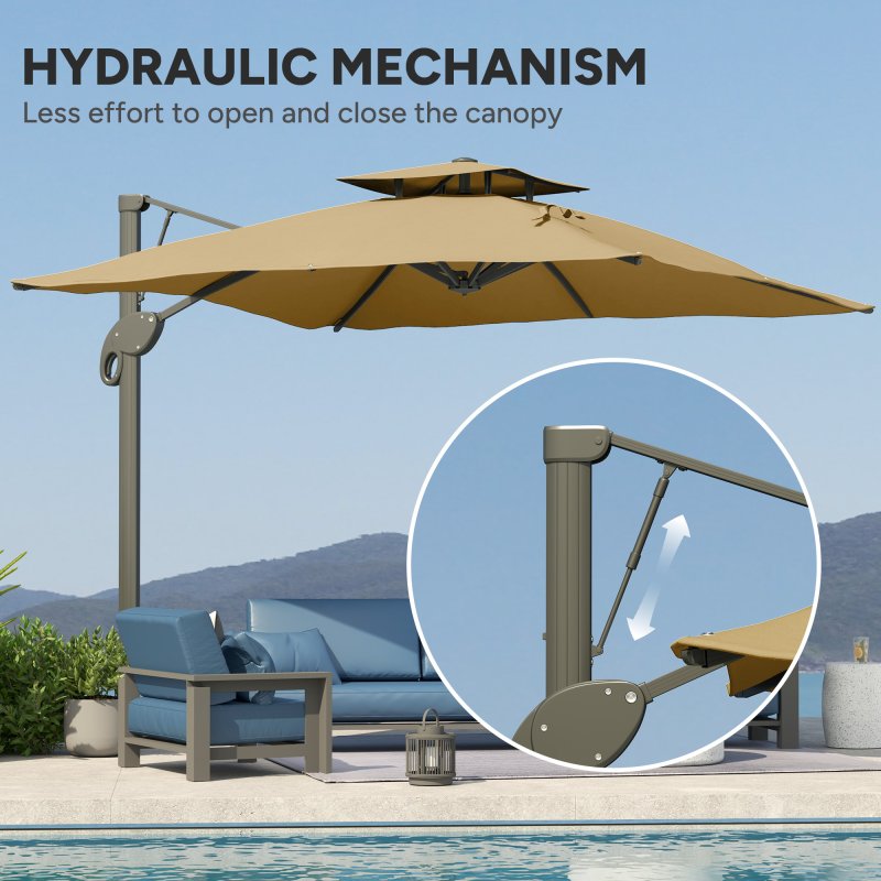 Outsunny 3 x 3 m Cantilever Parasol with Hydraulic Opening, Heavy Duty Aluminium Hanging Garden Parasol, Double Top Square Patio Umbrella with 360 Rotation, 8 Ribs, Cross Base, Khaki