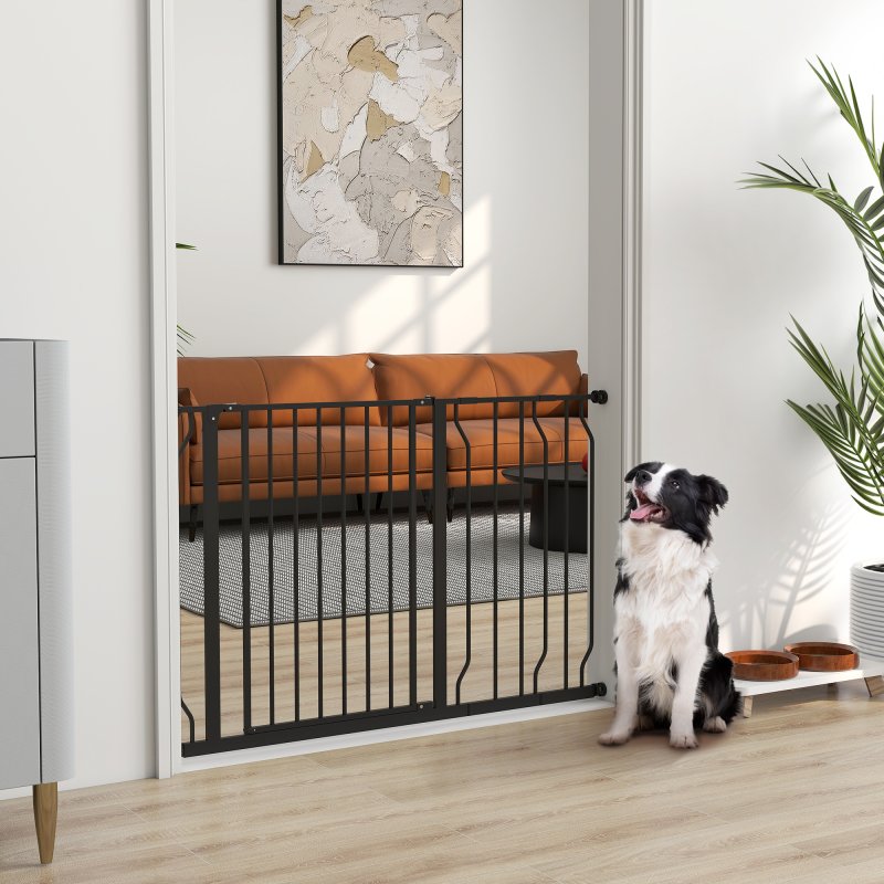 PawHut Dog Gate Wide Stair Gate w/ Door Pressure Fit Pets Barrier for Doorway, Hallway, 76H x 75-115W cm - Black