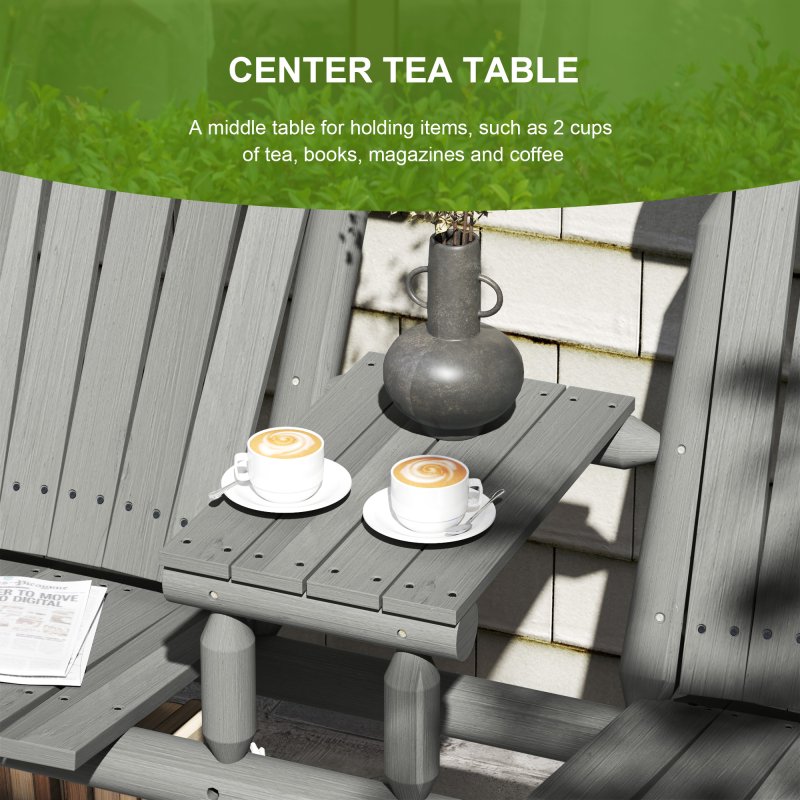 Outsunny Wood Patio Chair Bench 2 Seats with Centre Coffee Table, Garden Bench for Lounging and Relaxing Outdoors, Grey