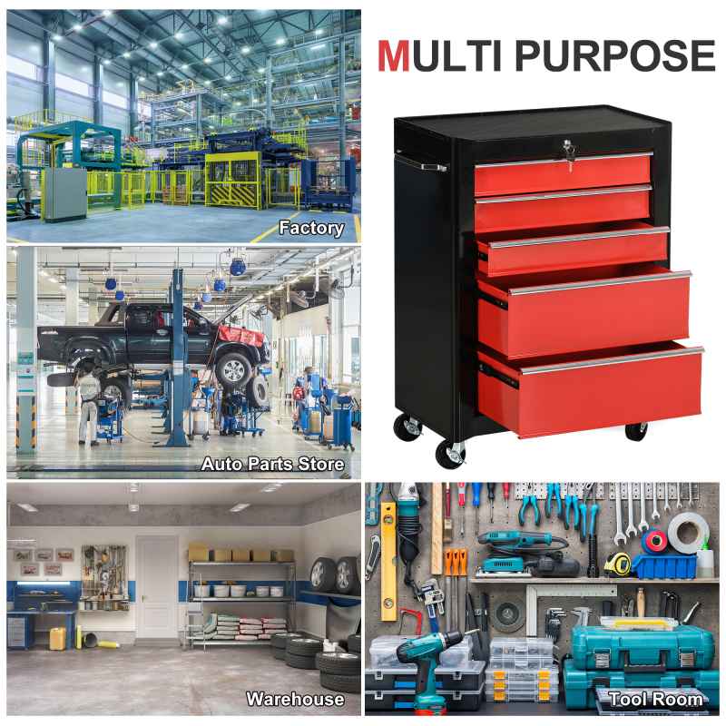 HOMCOM 5-Drawer Lockable Steel Tool Storage Cabinet with Wheels Handle 2 Keys Organisation Box Unit Chest Garage DIY Workshop Trolley Red