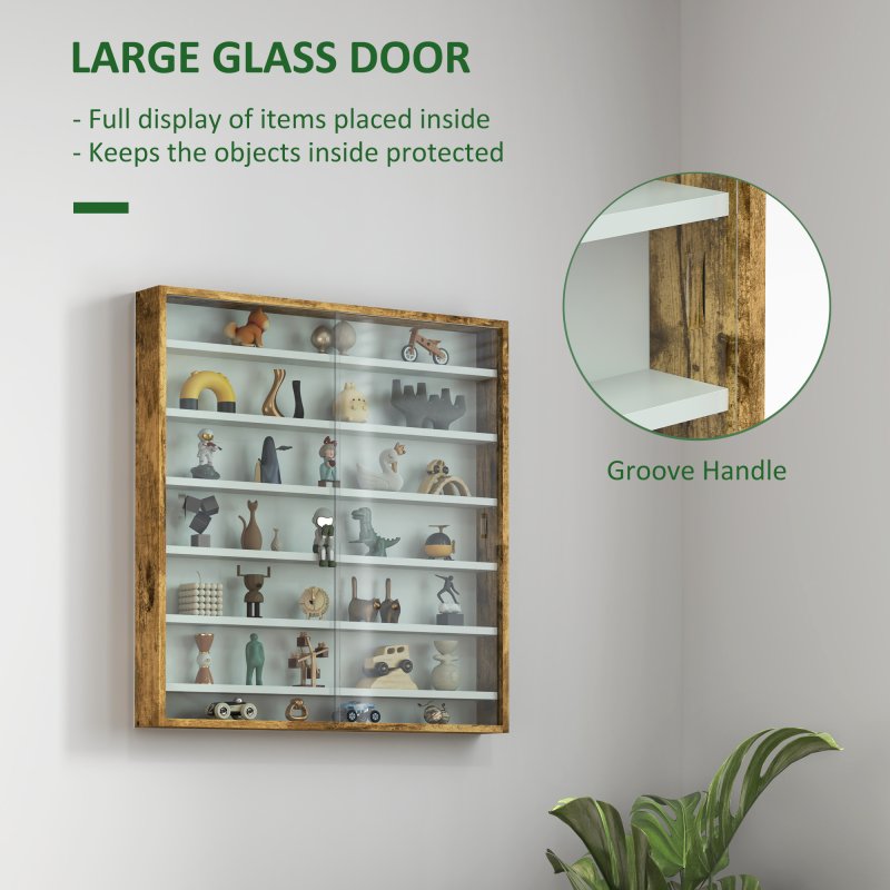 HOMCOM 7-Tier Wall Mounted Display Cabinet, Display Case with 6 Adjustable Shelves, Glass Doors for Home Office Ornaments 83x80cm, Rustic Brown