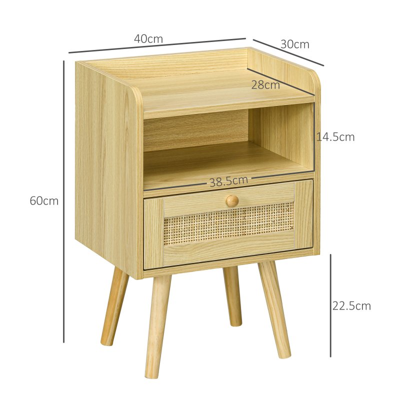 HOMCOM Bedside Tables Set of 2, Boho Styled Nightstand with Drawer, Storage Compartment and Rattan Accent, Side End Table for Bedroom, 40 x 30 x 60cm, Natural Wood Finish