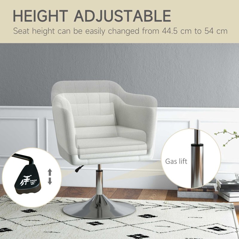 HOMCOM Swivel Linen Fabric Accent Chair for Living Room Contemporary Vanity Armchair with Adjustable Height Thick Cushion Lumbar Support Armrest for Bedroom Office Cream White