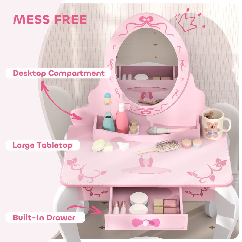 AIYAPLAY Kids Dressing Table Set, Two-Piece Kids Vanity Table with Stool, Mirror, Drawer, Desktop Storage, Ballet Theme, Girls Makeup Desk, Chair, Pink