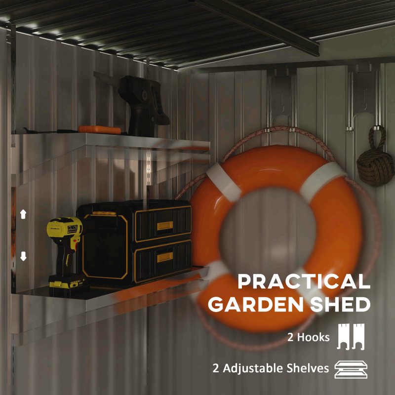 Outsunny 7 x 5FT Galvanised Metal Garden Shed with Foundation, Lean to Shed, Tool Storage House with Sliding Doors, 2 Vents, Adjustable Shelves and Hooks, Dark Grey