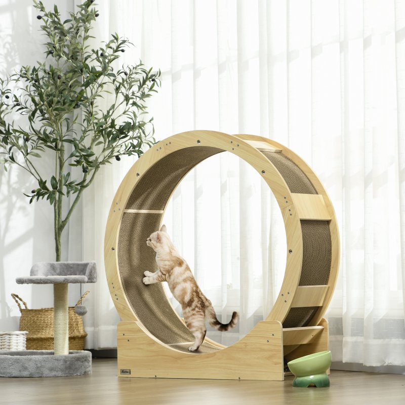 PawHut Cat Wheel for Indoor Cats, Cat Treadmill with Brake, Scratching Pads, Cat Exercise Wheel for Health - Oak Tone