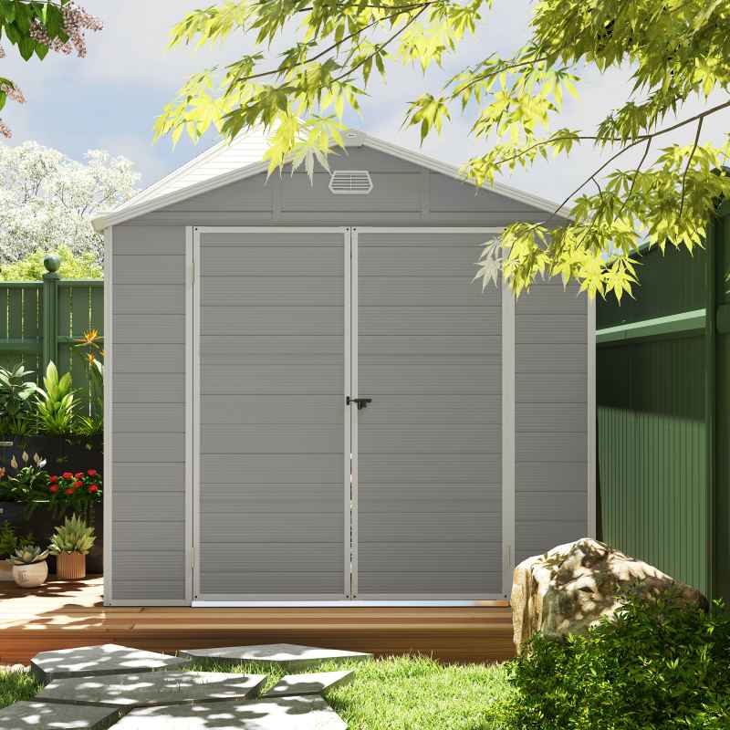 Outsunny 8 x 6ft Plastic Garden Storage Shed with Foundation Kit, Polypropylene Outdoor Storage Tool House with Ventilation Slots and Lockable Door, Light Grey