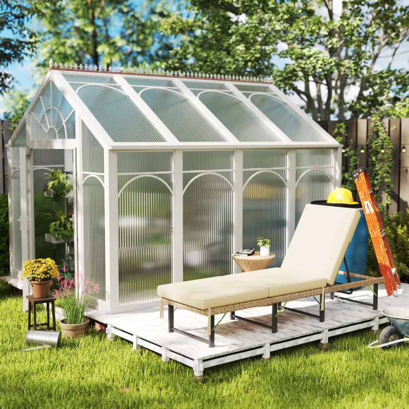 Outsunny Folding Rattan Sun Lounger, 6-Level Adjustable Garden Lounger Recliner with Cushion, Outdoor Reclining Sunbed, Garden Chair with Steel Frame for Patio, Beach, Terrace, Natural