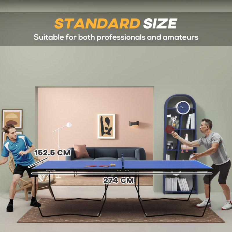 SPORTNOW 9FT Folding Table Tennis Table, Portable Full-Size Ping Pong Table w/ 8 Wheels, 2 Bats, 3 Balls, Quick Set-Up Indoor Game Table - Blue