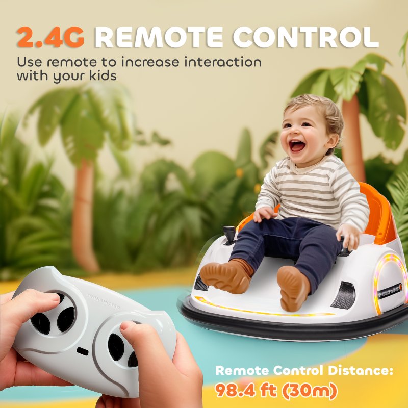 AIYAPLAY Kids Bumper Car, 360-Degree Rotation 12V Waltzer Car, Battery Powered Ride On Toy with Remote Control, Dual Joysticks, Music, USB, LED Lights, Horn for Boys Girls, Orange