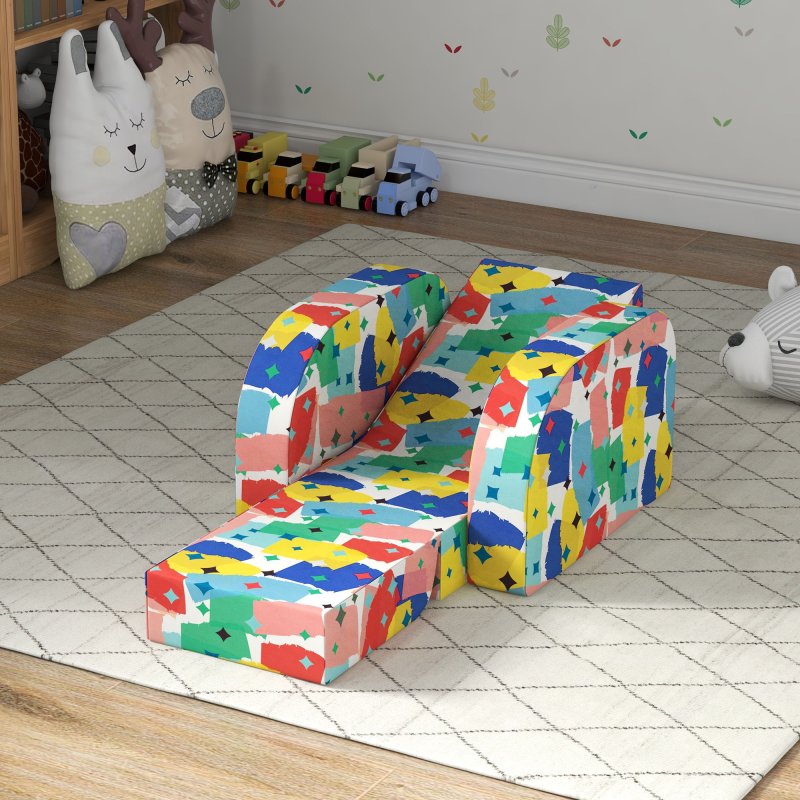 AIYAPLAY Kids Armchair, 2 in 1 Foldable Toddler Chair, Soft Snuggle Sponge Filled Recliner, for Bedroom Playroom Living Room, for Boys & Girls 18 Months to 3 Years - Multicoloured