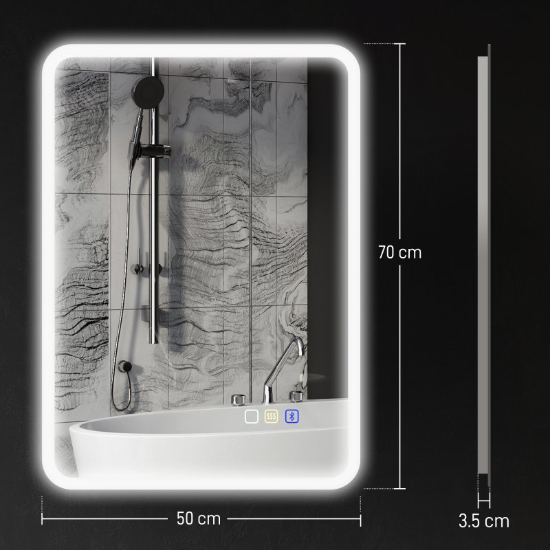 HOMCOM  Backlit Illuminated Bathroom Mirror with LED Lights and Bluetooth, Wall Mounted Vanity Mirror with 3 Colours Dimmable, Anti-Fog, Memory Function, Touch Switch, IP44